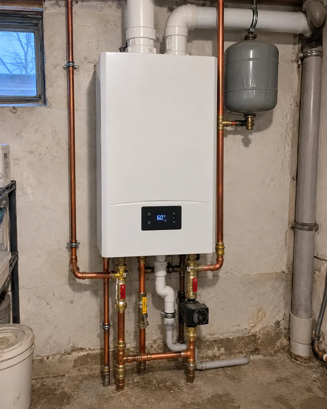 New high-efficiency wall-mounted boiler installed at a residential property