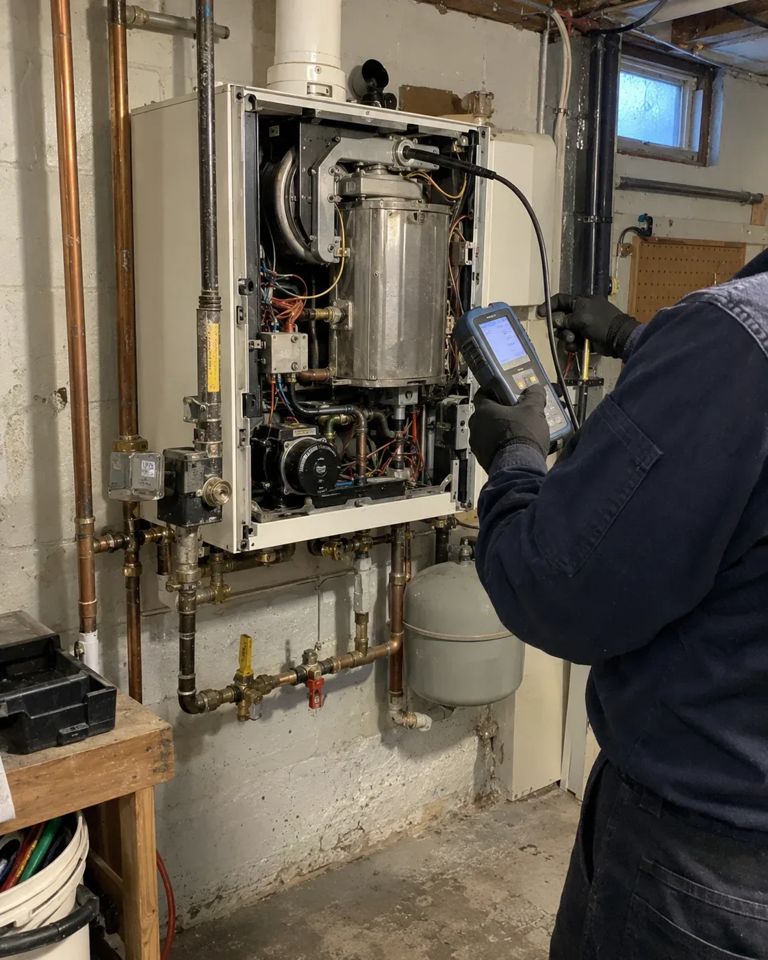Gas boiler technician inspecting a wall-mounted residential gas boiler
