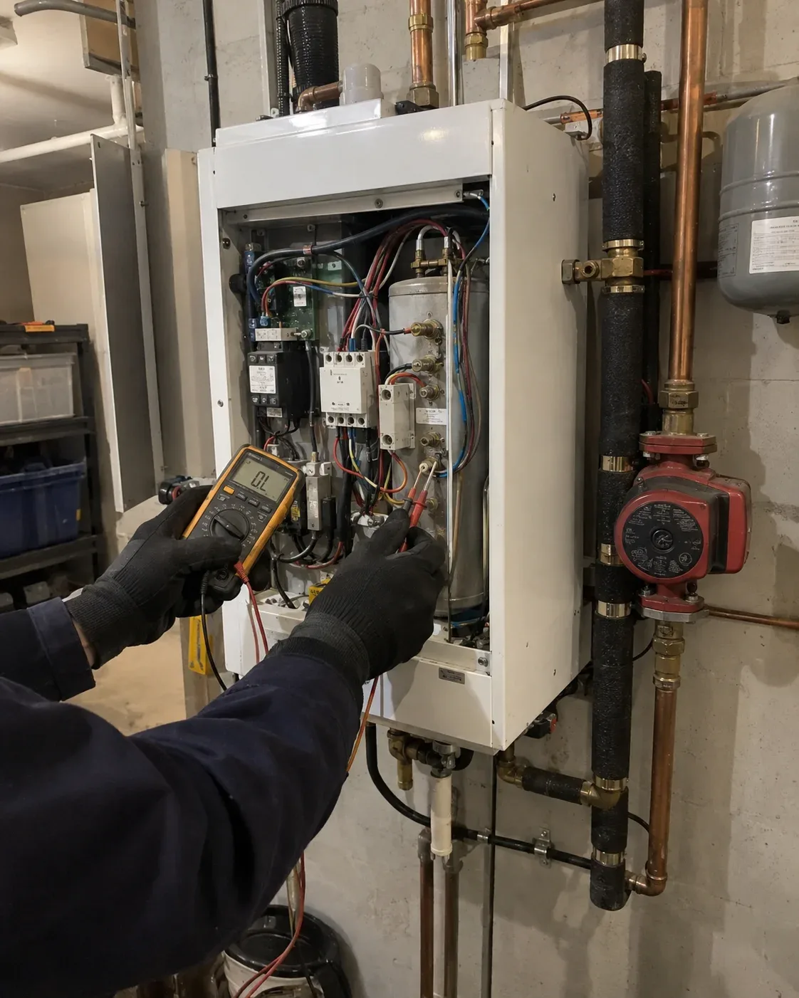 Technician inspecting components of a residential electric boiler