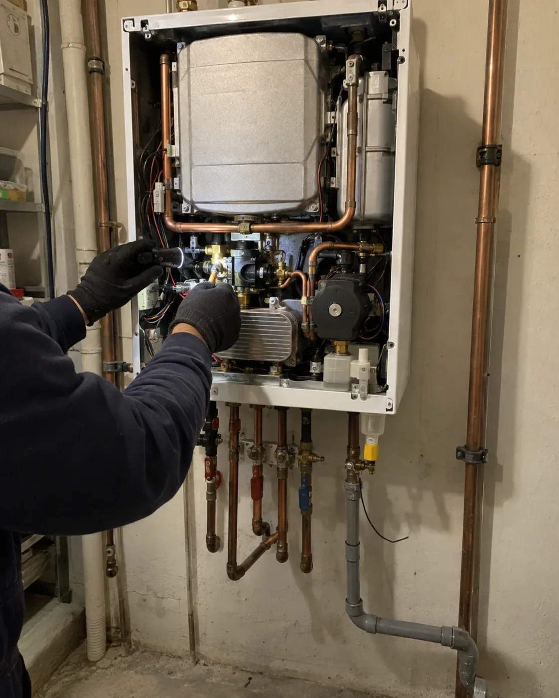 Wall-mounted combi boiler being inspected during residential boiler maintenance