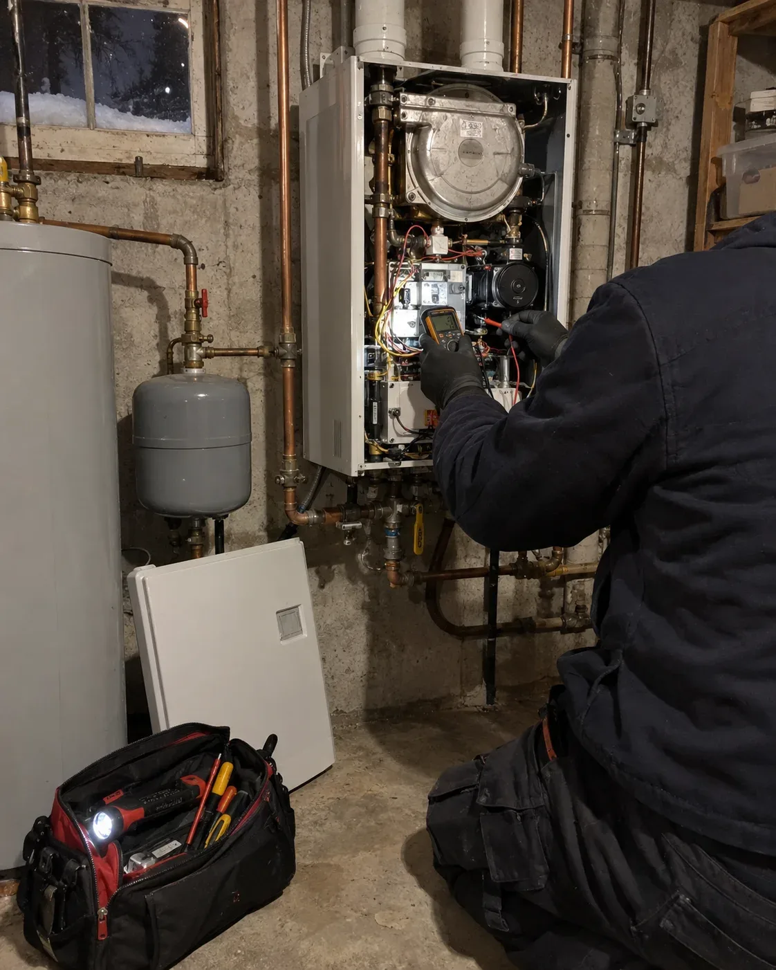 Boiler technician arriving at a Toronto house on a cold winter evening with a service tool case