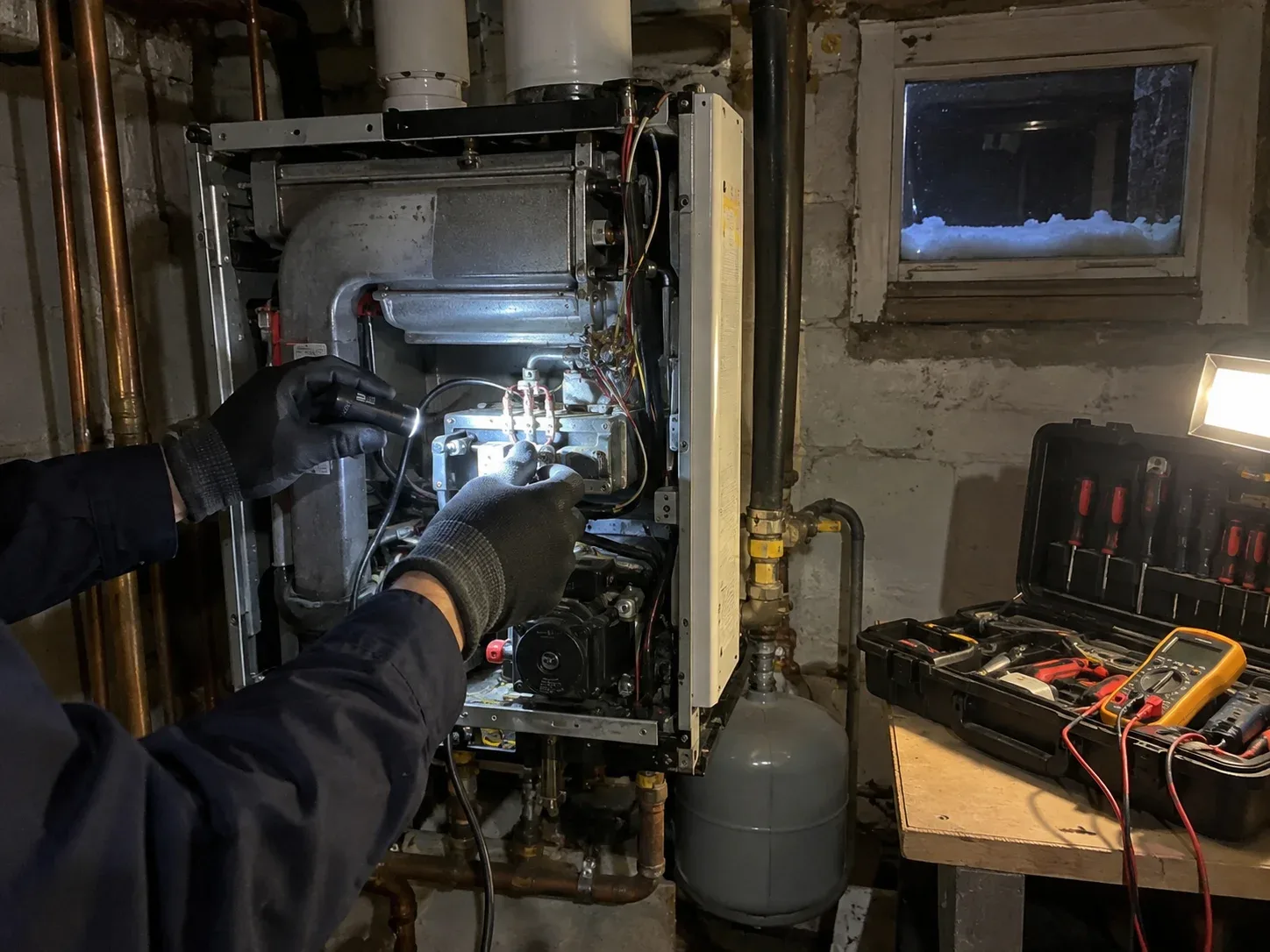 Emergency boiler technician repairing a residential boiler during an urgent service visit