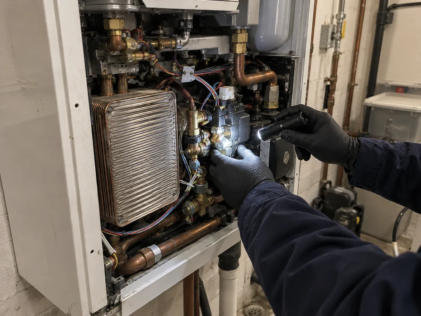 Compact combi boiler installed on the wall of a residential utility room