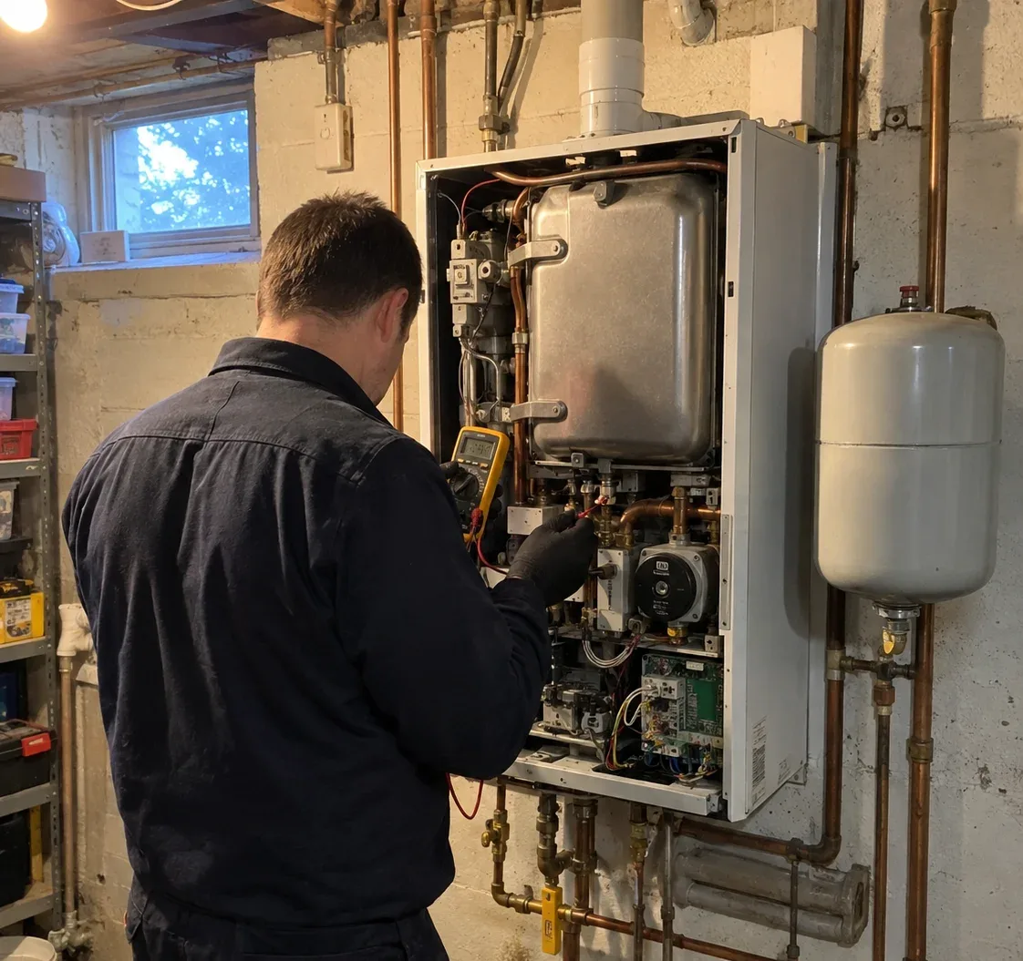 Technician diagnosing an open wall-mounted residential boiler in a Toronto home